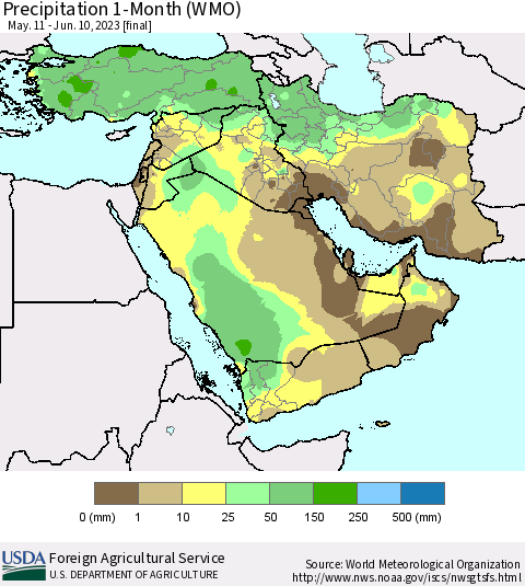 Middle East and Turkey Precipitation 1-Month (WMO) Thematic Map For 5/11/2023 - 6/10/2023