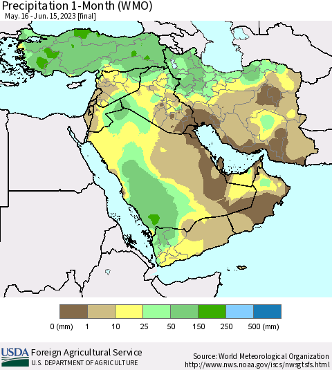 Middle East and Turkey Precipitation 1-Month (WMO) Thematic Map For 5/16/2023 - 6/15/2023