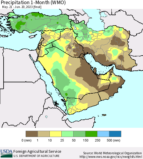 Middle East and Turkey Precipitation 1-Month (WMO) Thematic Map For 5/21/2023 - 6/20/2023