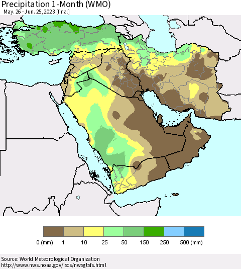 Middle East and Turkey Precipitation 1-Month (WMO) Thematic Map For 5/26/2023 - 6/25/2023