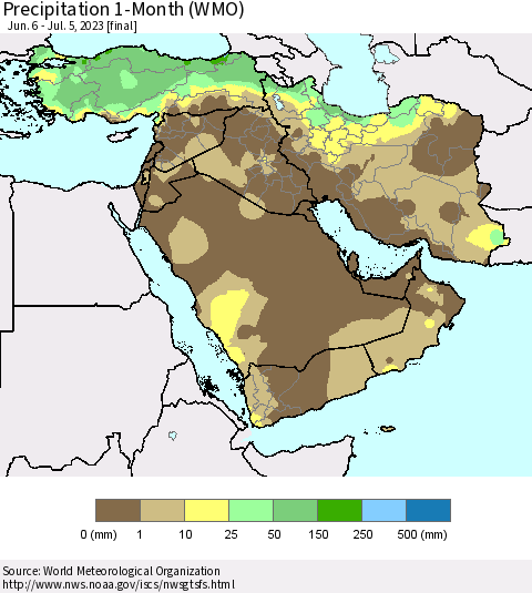 Middle East and Turkey Precipitation 1-Month (WMO) Thematic Map For 6/6/2023 - 7/5/2023