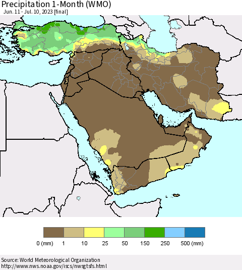 Middle East and Turkey Precipitation 1-Month (WMO) Thematic Map For 6/11/2023 - 7/10/2023