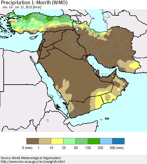 Middle East and Turkey Precipitation 1-Month (WMO) Thematic Map For 6/16/2023 - 7/15/2023