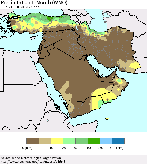 Middle East and Turkey Precipitation 1-Month (WMO) Thematic Map For 6/21/2023 - 7/20/2023