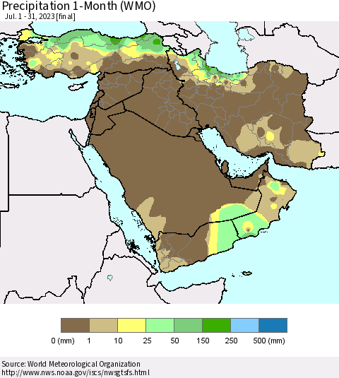 Middle East and Turkey Precipitation 1-Month (WMO) Thematic Map For 7/1/2023 - 7/31/2023