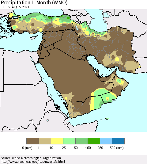 Middle East and Turkey Precipitation 1-Month (WMO) Thematic Map For 7/6/2023 - 8/5/2023
