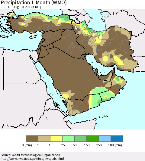 Middle East and Turkey Precipitation 1-Month (WMO) Thematic Map For 7/11/2023 - 8/10/2023