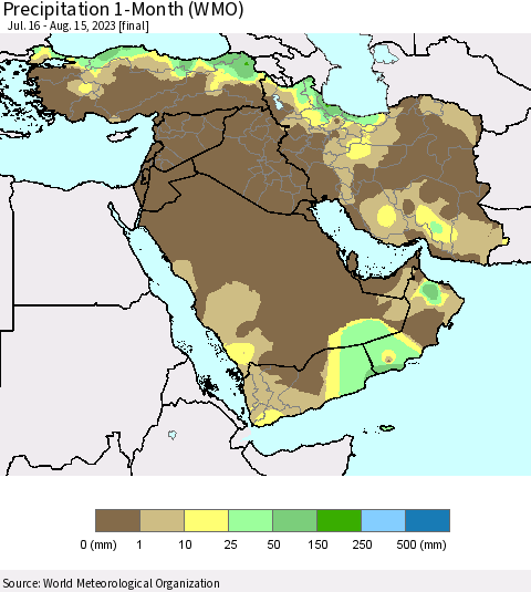 Middle East and Turkey Precipitation 1-Month (WMO) Thematic Map For 7/16/2023 - 8/15/2023