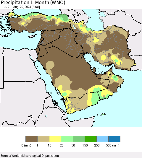Middle East and Turkey Precipitation 1-Month (WMO) Thematic Map For 7/21/2023 - 8/20/2023