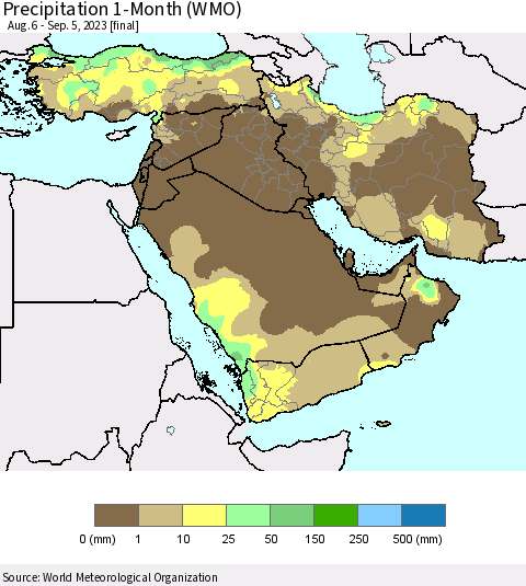 Middle East and Turkey Precipitation 1-Month (WMO) Thematic Map For 8/6/2023 - 9/5/2023
