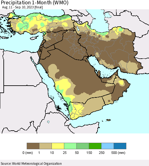 Middle East and Turkey Precipitation 1-Month (WMO) Thematic Map For 8/11/2023 - 9/10/2023