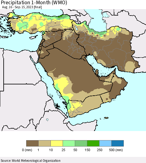 Middle East and Turkey Precipitation 1-Month (WMO) Thematic Map For 8/16/2023 - 9/15/2023