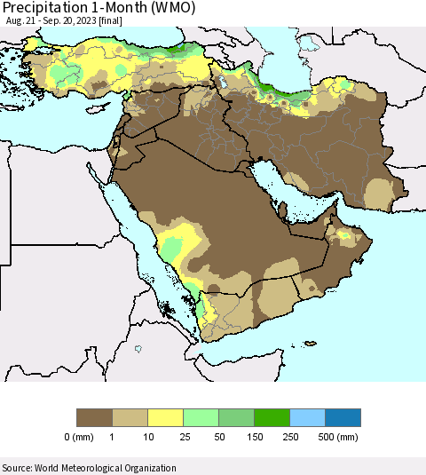 Middle East and Turkey Precipitation 1-Month (WMO) Thematic Map For 8/21/2023 - 9/20/2023