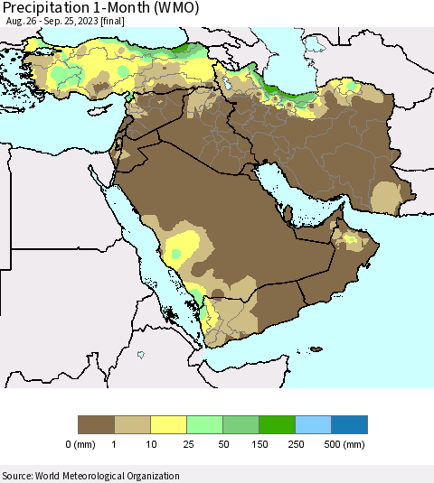 Middle East and Turkey Precipitation 1-Month (WMO) Thematic Map For 8/26/2023 - 9/25/2023