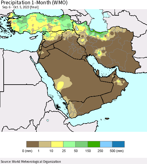 Middle East and Turkey Precipitation 1-Month (WMO) Thematic Map For 9/6/2023 - 10/5/2023