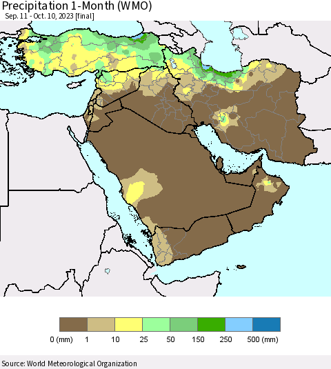 Middle East and Turkey Precipitation 1-Month (WMO) Thematic Map For 9/11/2023 - 10/10/2023