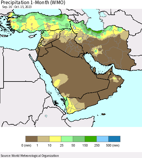 Middle East and Turkey Precipitation 1-Month (WMO) Thematic Map For 9/16/2023 - 10/15/2023