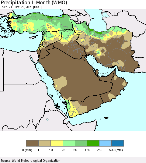 Middle East and Turkey Precipitation 1-Month (WMO) Thematic Map For 9/21/2023 - 10/20/2023