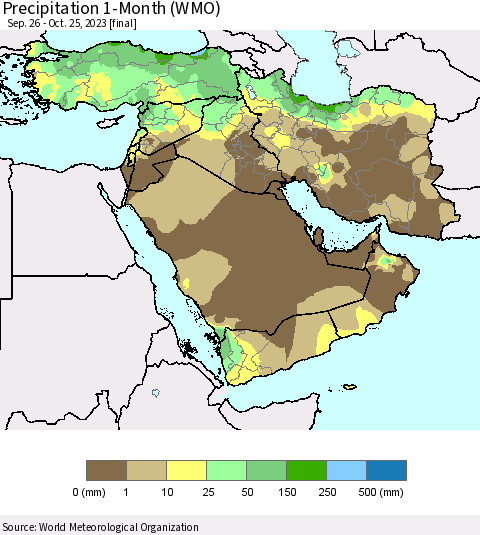 Middle East and Turkey Precipitation 1-Month (WMO) Thematic Map For 9/26/2023 - 10/25/2023