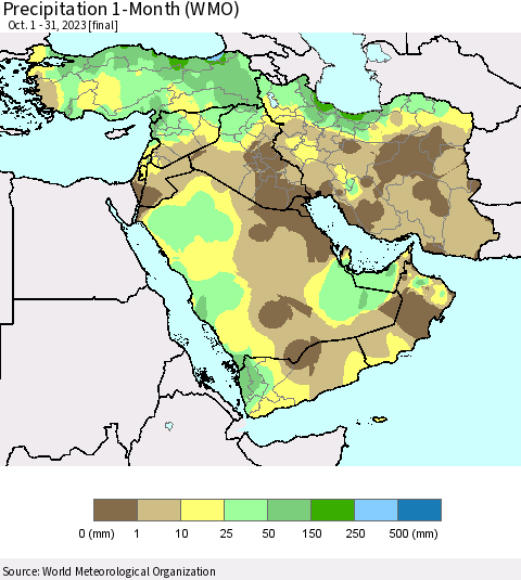 Middle East and Turkey Precipitation 1-Month (WMO) Thematic Map For 10/1/2023 - 10/31/2023