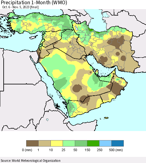 Middle East and Turkey Precipitation 1-Month (WMO) Thematic Map For 10/6/2023 - 11/5/2023
