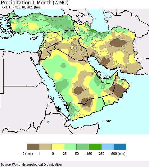 Middle East and Turkey Precipitation 1-Month (WMO) Thematic Map For 10/11/2023 - 11/10/2023