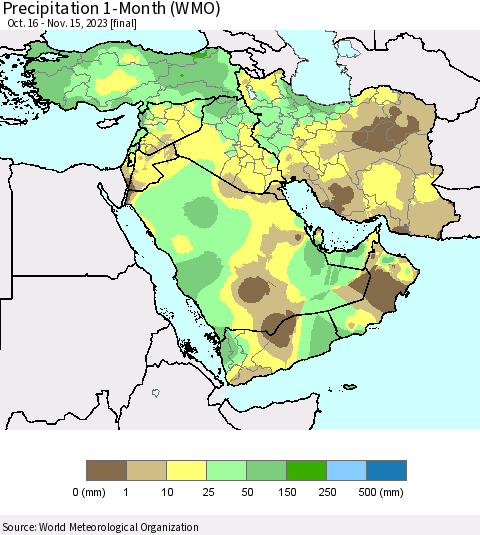 Middle East and Turkey Precipitation 1-Month (WMO) Thematic Map For 10/16/2023 - 11/15/2023