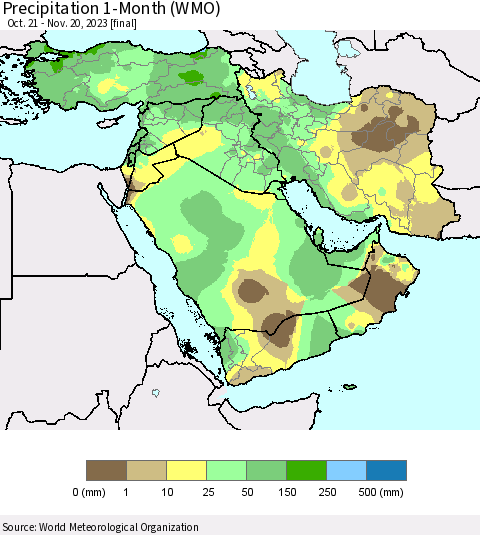 Middle East and Turkey Precipitation 1-Month (WMO) Thematic Map For 10/21/2023 - 11/20/2023