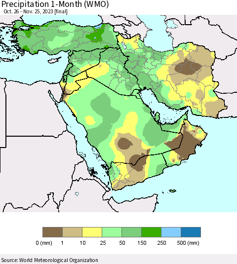 Middle East and Turkey Precipitation 1-Month (WMO) Thematic Map For 10/26/2023 - 11/25/2023