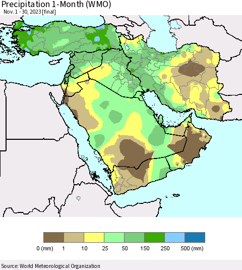 Middle East and Turkey Precipitation 1-Month (WMO) Thematic Map For 11/1/2023 - 11/30/2023