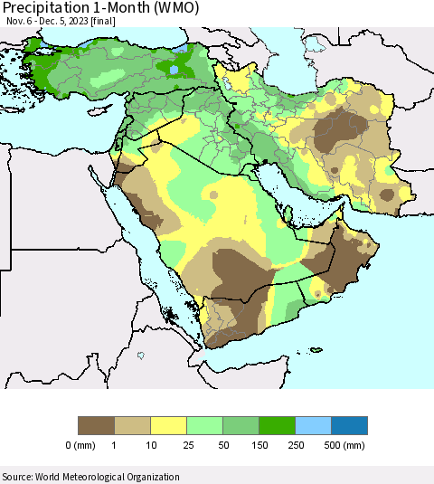 Middle East and Turkey Precipitation 1-Month (WMO) Thematic Map For 11/6/2023 - 12/5/2023