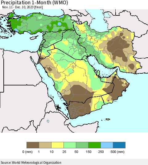 Middle East and Turkey Precipitation 1-Month (WMO) Thematic Map For 11/11/2023 - 12/10/2023