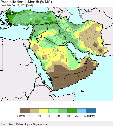 Middle East and Turkey Precipitation 1-Month (WMO) Thematic Map For 11/16/2023 - 12/15/2023