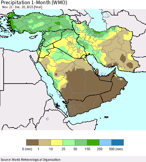 Middle East and Turkey Precipitation 1-Month (WMO) Thematic Map For 11/21/2023 - 12/20/2023