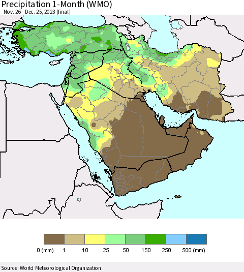 Middle East and Turkey Precipitation 1-Month (WMO) Thematic Map For 11/26/2023 - 12/25/2023