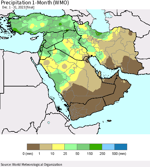 Middle East and Turkey Precipitation 1-Month (WMO) Thematic Map For 12/1/2023 - 12/31/2023