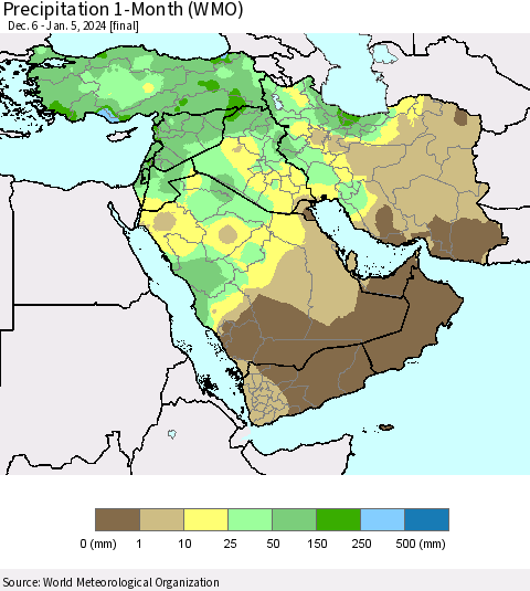Middle East and Turkey Precipitation 1-Month (WMO) Thematic Map For 12/6/2023 - 1/5/2024