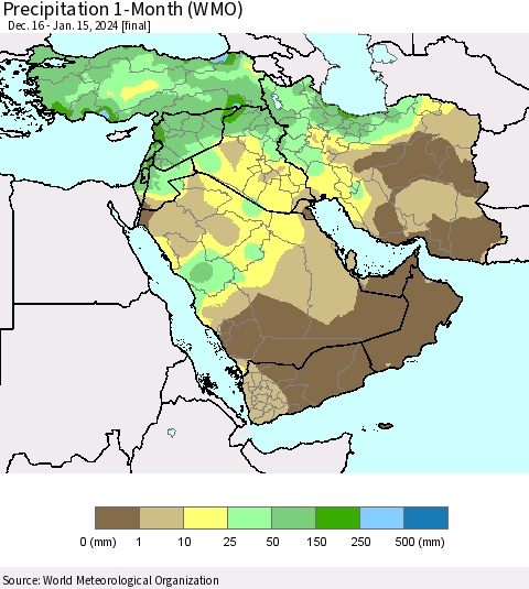 Middle East and Turkey Precipitation 1-Month (WMO) Thematic Map For 12/16/2023 - 1/15/2024