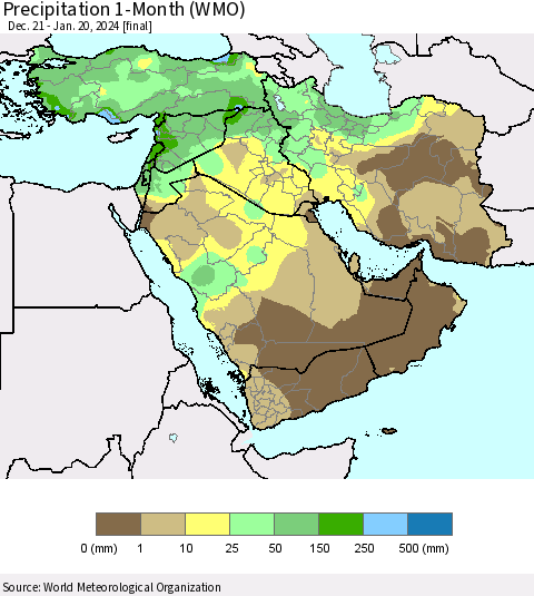 Middle East and Turkey Precipitation 1-Month (WMO) Thematic Map For 12/21/2023 - 1/20/2024