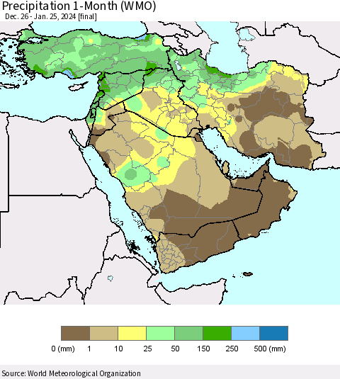 Middle East and Turkey Precipitation 1-Month (WMO) Thematic Map For 12/26/2023 - 1/25/2024