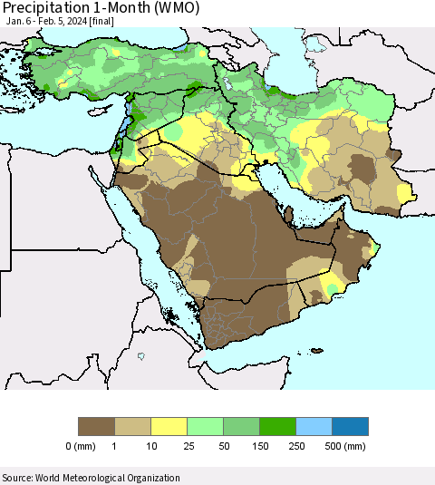 Middle East and Turkey Precipitation 1-Month (WMO) Thematic Map For 1/6/2024 - 2/5/2024