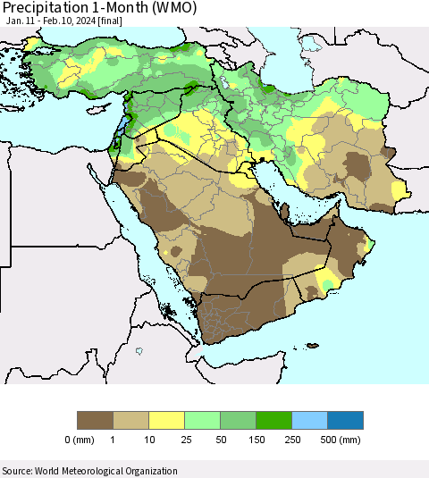 Middle East and Turkey Precipitation 1-Month (WMO) Thematic Map For 1/11/2024 - 2/10/2024