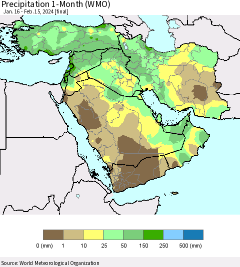 Middle East and Turkey Precipitation 1-Month (WMO) Thematic Map For 1/16/2024 - 2/15/2024