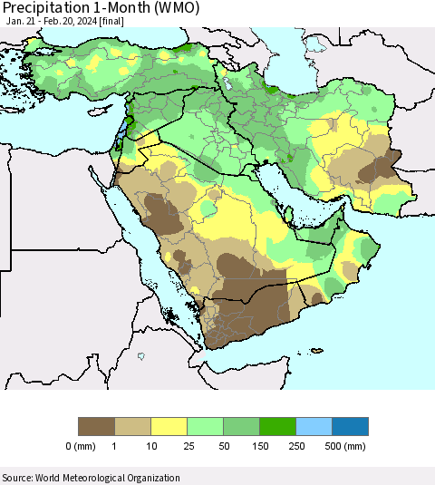 Middle East and Turkey Precipitation 1-Month (WMO) Thematic Map For 1/21/2024 - 2/20/2024