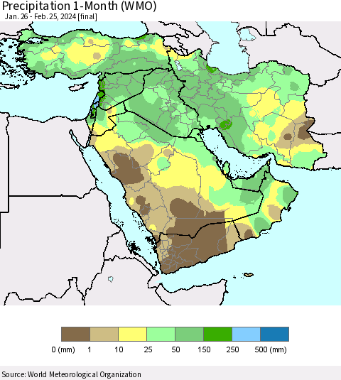 Middle East and Turkey Precipitation 1-Month (WMO) Thematic Map For 1/26/2024 - 2/25/2024