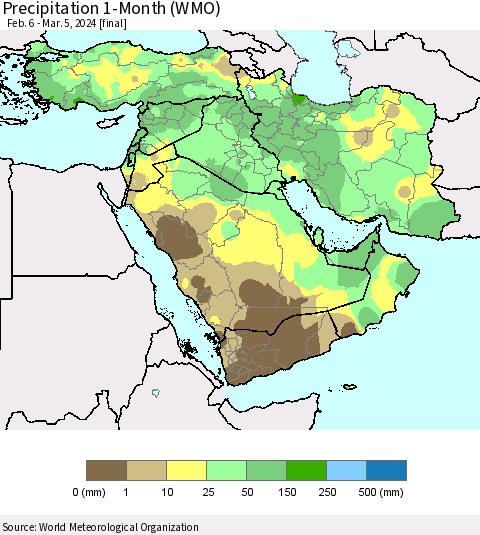 Middle East and Turkey Precipitation 1-Month (WMO) Thematic Map For 2/6/2024 - 3/5/2024