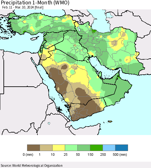 Middle East and Turkey Precipitation 1-Month (WMO) Thematic Map For 2/11/2024 - 3/10/2024
