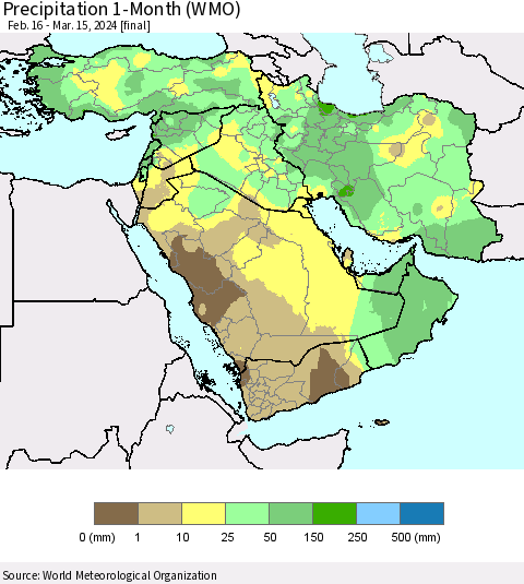 Middle East and Turkey Precipitation 1-Month (WMO) Thematic Map For 2/16/2024 - 3/15/2024