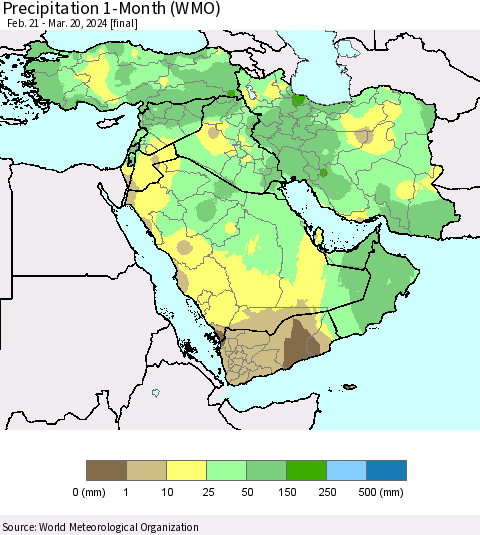 Middle East and Turkey Precipitation 1-Month (WMO) Thematic Map For 2/21/2024 - 3/20/2024