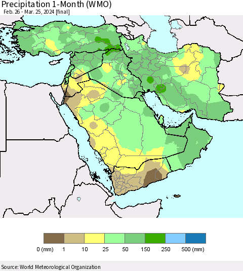 Middle East and Turkey Precipitation 1-Month (WMO) Thematic Map For 2/26/2024 - 3/25/2024